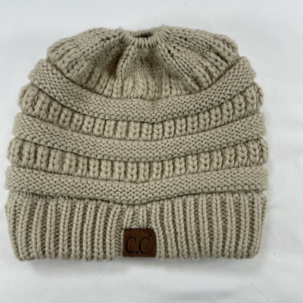 C.C. Exclusives Messy Bun Beanie Beige Knit Ponytail Hat Women's One Size